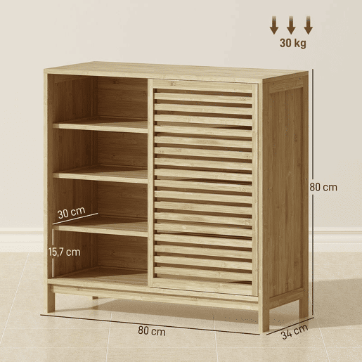 HOMCOM Armário de Casa de Banho em Bambu Móvel de Casa de Banho com 2 Portas de Correr Desenho com Ripas 4 Prateleiras Móvel Auxiliar de Arrumação para Cozinha Sala de Estar 80x34x80 cm Madeira