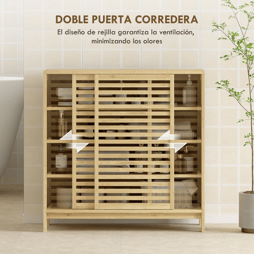 HOMCOM Armário de Casa de Banho em Bambu Móvel de Casa de Banho com 2 Portas de Correr Desenho com Ripas 4 Prateleiras Móvel Auxiliar de Arrumação para Cozinha Sala de Estar 80x34x80 cm Madeira