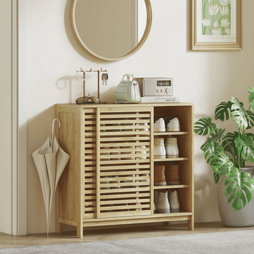 HOMCOM Armário de Casa de Banho em Bambu Móvel de Casa de Banho com 2 Portas de Correr Desenho com Ripas 4 Prateleiras Móvel Auxiliar de Arrumação para Cozinha Sala de Estar 80x34x80 cm Madeira