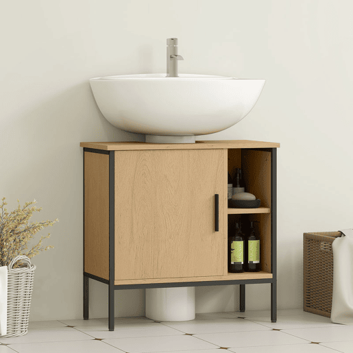 HOMCOM Móvel para Lavatório Pousar Móvel de Casa de Banho com Porta e Prateleira Ajustável para Lavatório com Pedestal 60x30x59,5 cm Madeira e Preto