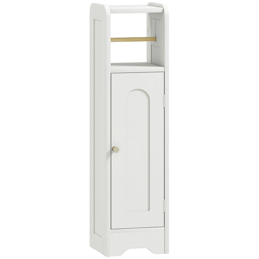 HOMCOM Armário de Casa de Banho Estreito Móvel Auxiliar de Casa de Banho 21x20x79 cm com Prateleira Ajustável Suporte para Papel Higiénico Removível e Porta com Painel Arqueado para Espaços Pequenos Branco