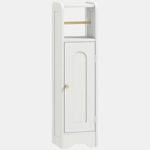 HOMCOM Armário de Casa de Banho Estreito Móvel Auxiliar de Casa de Banho 21x20x79 cm com Prateleira Ajustável Suporte para Papel Higiénico Removível e Porta com Painel Arqueado para Espaços Pequenos Branco