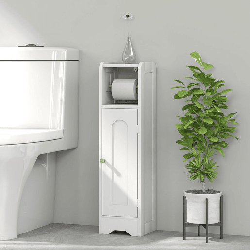 HOMCOM Armário de Casa de Banho Estreito Móvel Auxiliar de Casa de Banho 21x20x79 cm com Prateleira Ajustável Suporte para Papel Higiénico Removível e Porta com Painel Arqueado para Espaços Pequenos Branco