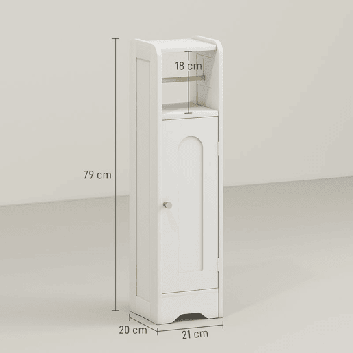HOMCOM Armário de Casa de Banho Estreito Móvel Auxiliar de Casa de Banho 21x20x79 cm com Prateleira Ajustável Suporte para Papel Higiénico Removível e Porta com Painel Arqueado para Espaços Pequenos Branco