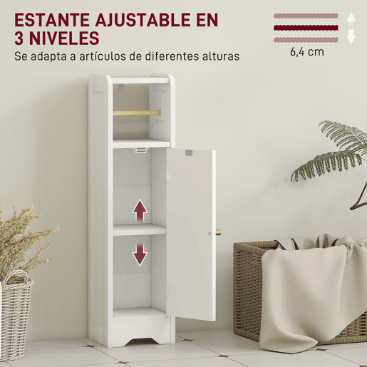 HOMCOM Armário de Casa de Banho Estreito Móvel Auxiliar de Casa de Banho 21x20x79 cm com Prateleira Ajustável Suporte para Papel Higiénico Removível e Porta com Painel Arqueado para Espaços Pequenos Branco