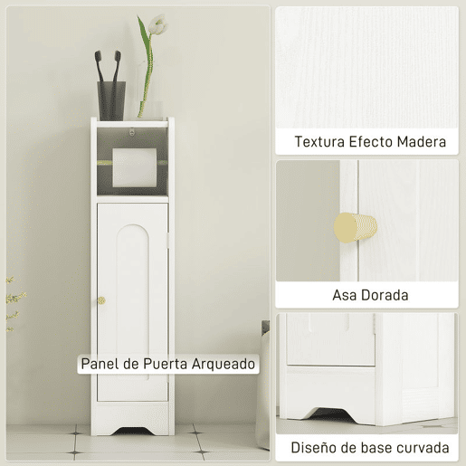 HOMCOM Armário de Casa de Banho Estreito Móvel Auxiliar de Casa de Banho 21x20x79 cm com Prateleira Ajustável Suporte para Papel Higiénico Removível e Porta com Painel Arqueado para Espaços Pequenos Branco