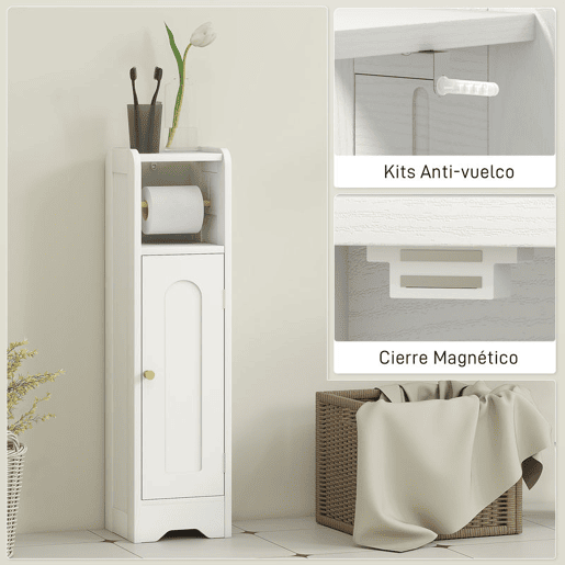 HOMCOM Armário de Casa de Banho Estreito Móvel Auxiliar de Casa de Banho 21x20x79 cm com Prateleira Ajustável Suporte para Papel Higiénico Removível e Porta com Painel Arqueado para Espaços Pequenos Branco