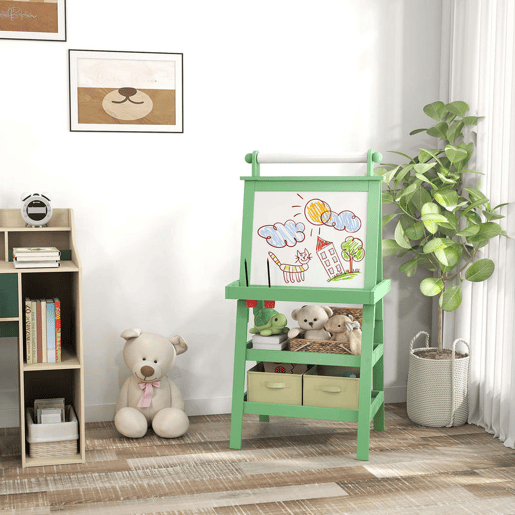 AIYAPLAY Quadro infantil Cavalete de Pintura Infantil 3 em 1 Quadro Magnético Dupla Face com Rolo de Papel e Cestos de Arrumação Verde
