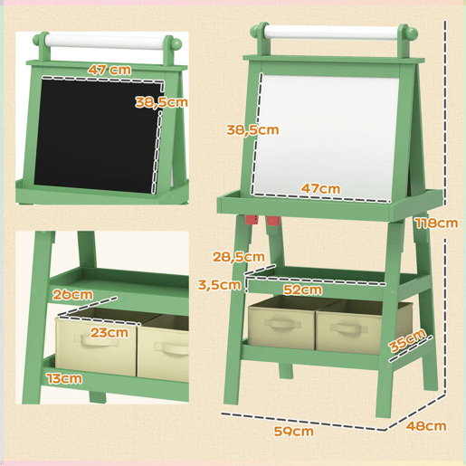 AIYAPLAY Quadro infantil Cavalete de Pintura Infantil 3 em 1 Quadro Magnético Dupla Face com Rolo de Papel e Cestos de Arrumação Verde