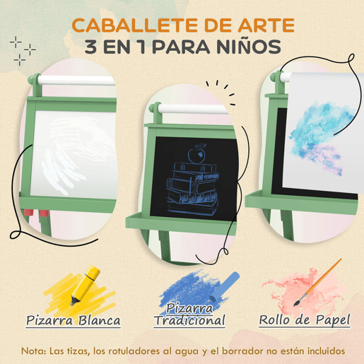 AIYAPLAY Quadro infantil Cavalete de Pintura Infantil 3 em 1 Quadro Magnético Dupla Face com Rolo de Papel e Cestos de Arrumação Verde