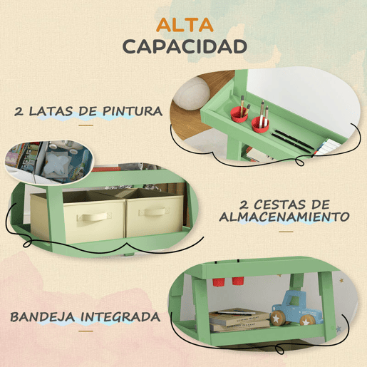 AIYAPLAY Quadro infantil Cavalete de Pintura Infantil 3 em 1 Quadro Magnético Dupla Face com Rolo de Papel e Cestos de Arrumação Verde