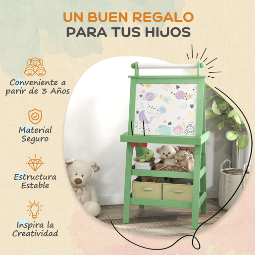AIYAPLAY Quadro infantil Cavalete de Pintura Infantil 3 em 1 Quadro Magnético Dupla Face com Rolo de Papel e Cestos de Arrumação Verde