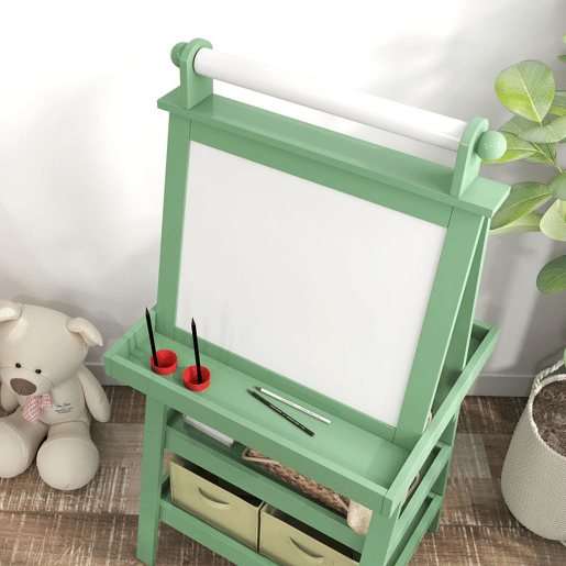 AIYAPLAY Quadro infantil Cavalete de Pintura Infantil 3 em 1 Quadro Magnético Dupla Face com Rolo de Papel e Cestos de Arrumação Verde