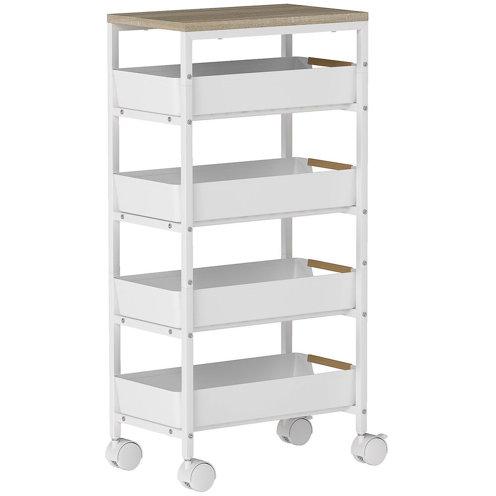 Homcom carro de cocina de almacenamiento de 5 niveles carrito auxiliar con ruedas tablero efecto madera y 4 cajones extraíbles carrito de cocina para comedor salón 39,5x24x82 cm blanco