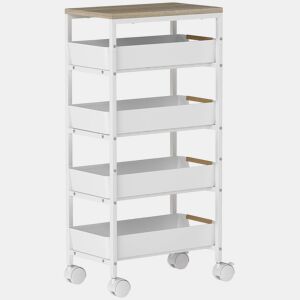 HOMCOM Carrinho de Cozinha de Armazenamento de 5 Níveis Carrinho Auxiliar com Rodas Bancada com Efeito Madeira e 4 Gavetas Removíveis Carrinho de Cozinha 39,5x24x82 cm Branco