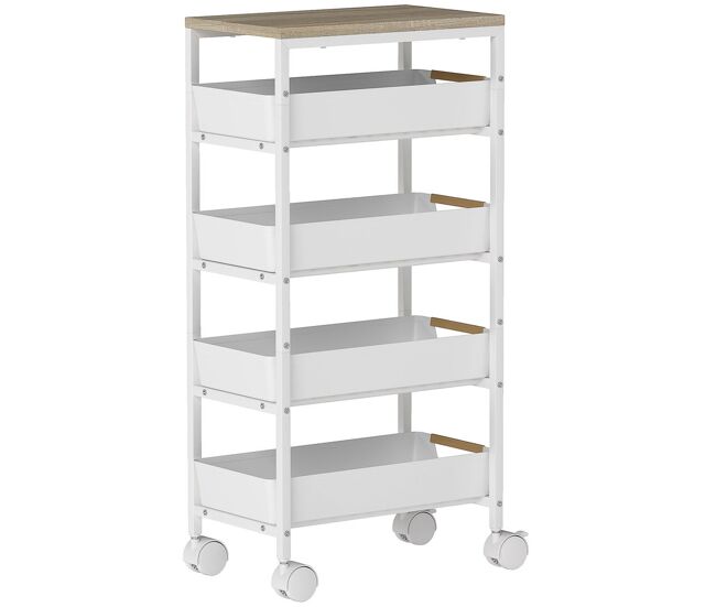 Homcom carro de cocina de almacenamiento de 5 niveles carrito auxiliar con ruedas tablero efecto madera y 4 cajones extraíbles carrito de cocina para comedor salón 39,5x24x82 cm blanco