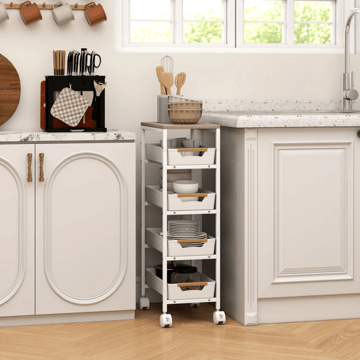 HOMCOM Carrinho de Cozinha de Armazenamento de 5 Níveis Carrinho Auxiliar com Rodas Bancada com Efeito Madeira e 4 Gavetas Removíveis Carrinho de Cozinha 39,5x24x82 cm Branco