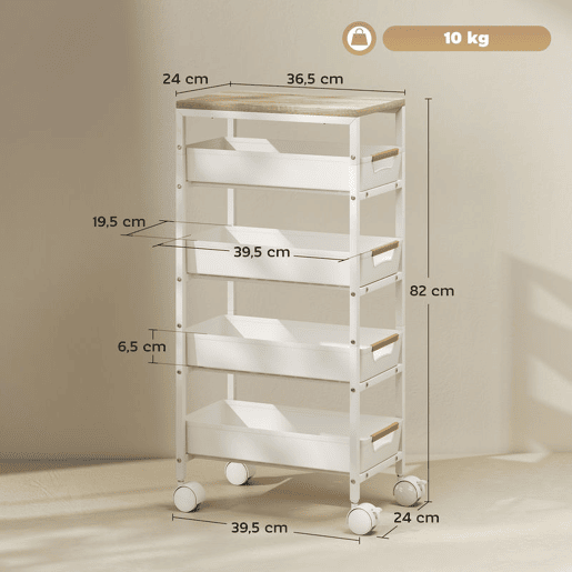 HOMCOM Carrinho de Cozinha de Armazenamento de 5 Níveis Carrinho Auxiliar com Rodas Bancada com Efeito Madeira e 4 Gavetas Removíveis Carrinho de Cozinha 39,5x24x82 cm Branco