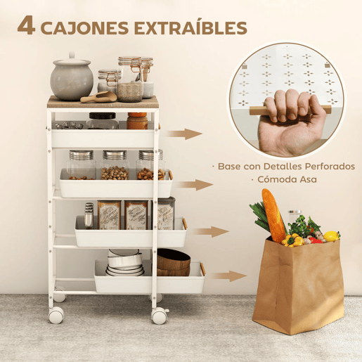 HOMCOM Carrinho de Cozinha de Armazenamento de 5 Níveis Carrinho Auxiliar com Rodas Bancada com Efeito Madeira e 4 Gavetas Removíveis Carrinho de Cozinha 39,5x24x82 cm Branco