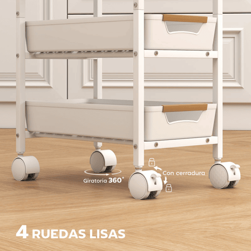 HOMCOM Carrinho de Cozinha de Armazenamento de 5 Níveis Carrinho Auxiliar com Rodas Bancada com Efeito Madeira e 4 Gavetas Removíveis Carrinho de Cozinha 39,5x24x82 cm Branco