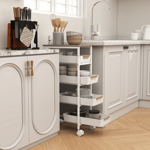 HOMCOM Carrinho de Cozinha de Armazenamento de 5 Níveis Carrinho Auxiliar com Rodas Bancada com Efeito Madeira e 4 Gavetas Removíveis Carrinho de Cozinha 39,5x24x82 cm Branco
