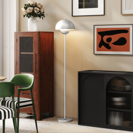 HOMCOM Candeeiro de Pé Moderno 155 cm Candeeiro de Pé para Sala com Ecrã em Forma de Taça Refletora de Luz Interruptor de Pé Suporte E27 sem Lâmpada para Quarto Escritório Sala de Estar Ø35x155 cm Prata