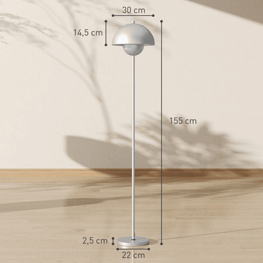 HOMCOM Candeeiro de Pé Moderno 155 cm Candeeiro de Pé para Sala com Ecrã em Forma de Taça Refletora de Luz Interruptor de Pé Suporte E27 sem Lâmpada para Quarto Escritório Sala de Estar Ø35x155 cm Prata