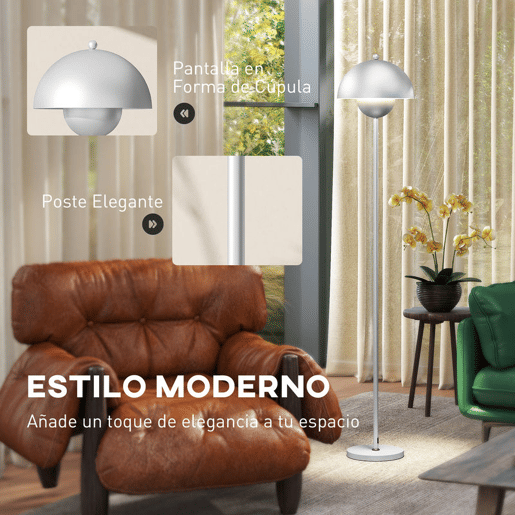 HOMCOM Candeeiro de Pé Moderno 155 cm Candeeiro de Pé para Sala com Ecrã em Forma de Taça Refletora de Luz Interruptor de Pé Suporte E27 sem Lâmpada para Quarto Escritório Sala de Estar Ø35x155 cm Prata