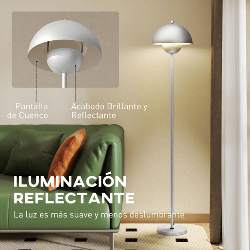 HOMCOM Candeeiro de Pé Moderno 155 cm Candeeiro de Pé para Sala com Ecrã em Forma de Taça Refletora de Luz Interruptor de Pé Suporte E27 sem Lâmpada para Quarto Escritório Sala de Estar Ø35x155 cm Prata