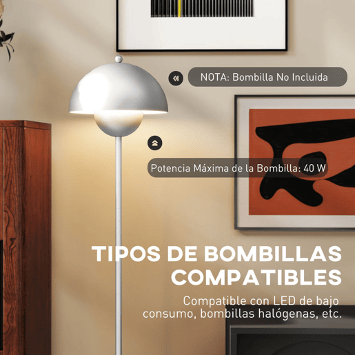 HOMCOM Candeeiro de Pé Moderno 155 cm Candeeiro de Pé para Sala com Ecrã em Forma de Taça Refletora de Luz Interruptor de Pé Suporte E27 sem Lâmpada para Quarto Escritório Sala de Estar Ø35x155 cm Prata