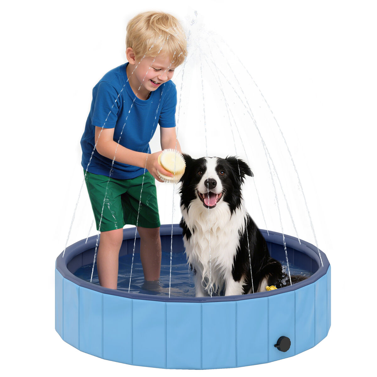 Pawhut piscina para perros plegable con aspersor bañera portátil para perros medianos y pequeños de plástico antideslizante y resistente al desgaste para interiores y exteriores ø100x30 cm azul claro