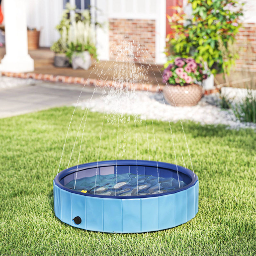 PawHut Piscina para Cães Dobrável com Aspersor Piscina Portátil para Animais de Estimação Médios em PVC Antiderrapante e Resistente ao Desgaste para Interiores e Exteriores Ø100x30 cm Azul Claro