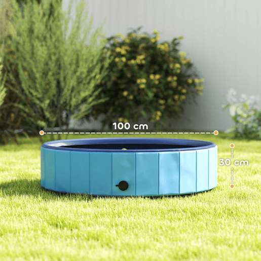 PawHut Piscina para Cães Dobrável com Aspersor Piscina Portátil para Animais de Estimação Médios em PVC Antiderrapante e Resistente ao Desgaste para Interiores e Exteriores Ø100x30 cm Azul Claro