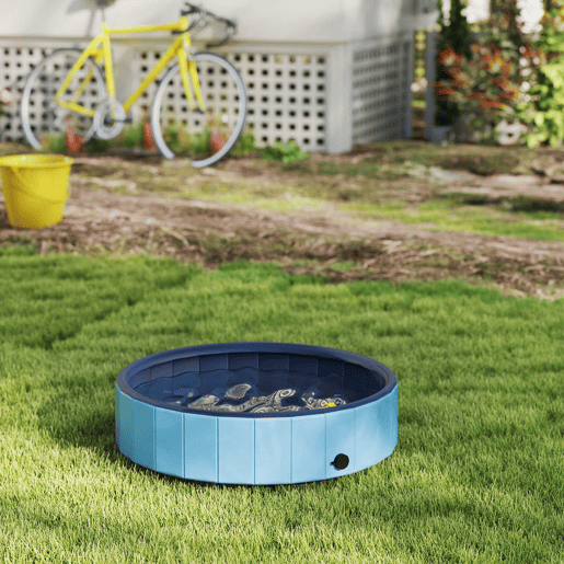 PawHut Piscina para Cães Dobrável com Aspersor Piscina Portátil para Animais de Estimação Médios em PVC Antiderrapante e Resistente ao Desgaste para Interiores e Exteriores Ø100x30 cm Azul Claro