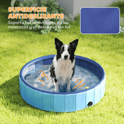 PawHut Piscina para Cães Dobrável com Aspersor Piscina Portátil para Animais de Estimação Médios em PVC Antiderrapante e Resistente ao Desgaste para Interiores e Exteriores Ø100x30 cm Azul Claro