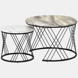 HOMCOM Conjunto de 2 Mesas Auxiliares Mesas de Centro para Sala de Estar Redondas com Bancada com Imitação de Mármore Estrutura de Metal para Sala de Estar Cinzento e Branco