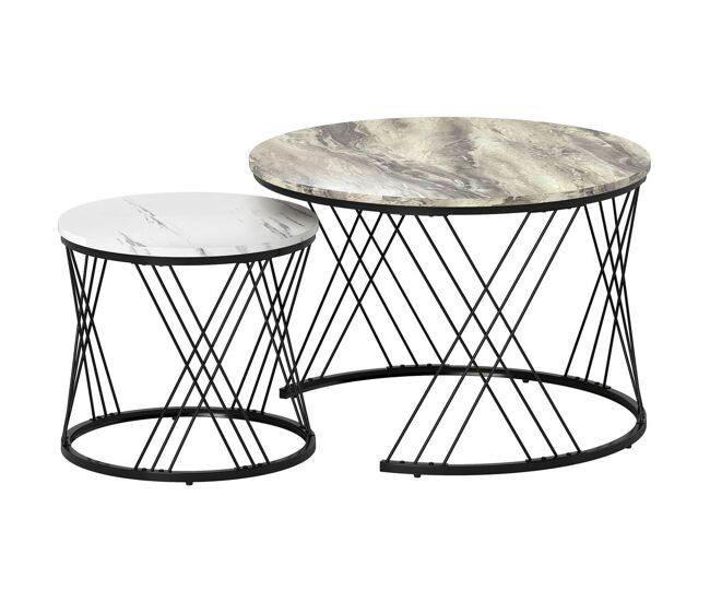 Homcom juego de 2 mesas nido mesas de centro para salón redondas con tablero con diseño de mármol marco de metal para sala de estar dormitorio gris y blanco