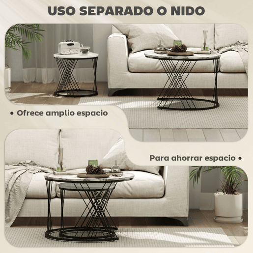 HOMCOM Conjunto de 2 Mesas Auxiliares Mesas de Centro para Sala de Estar Redondas com Bancada com Imitação de Mármore Estrutura de Metal para Sala de Estar Cinzento e Branco