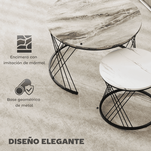 HOMCOM Conjunto de 2 Mesas Auxiliares Mesas de Centro para Sala de Estar Redondas com Bancada com Imitação de Mármore Estrutura de Metal para Sala de Estar Cinzento e Branco