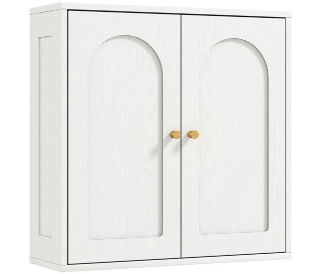 Homcom armario de baño de pared mueble de baño colgar con estantes 2 puertas con diseño de arco tiradores dorados 60x20x60 cm blanco