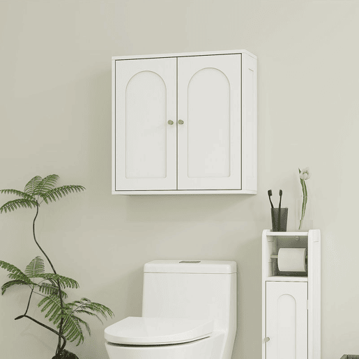 HOMCOM Armário de Casa de Banho de Parede Móvel de Casa de Banho Suspenso com Prateleiras 2 Portas com Desenho em Arco Puxadores Dourados 60x20x60 cm Branco HOMCOM Armário de Casa de Banho de Parede Móvel de Casa de Banho Suspenso com Prateleiras 2 Portas com Desenho em Arco Puxadores Dourados 60x20x60 cm Branco