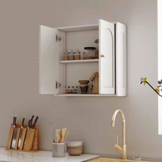 HOMCOM Armário de Casa de Banho de Parede Móvel de Casa de Banho Suspenso com Prateleiras 2 Portas com Desenho em Arco Puxadores Dourados 60x20x60 cm Branco HOMCOM Armário de Casa de Banho de Parede Móvel de Casa de Banho Suspenso com Prateleiras 2 Portas com Desenho em Arco Puxadores Dourados 60x20x60 cm Branco