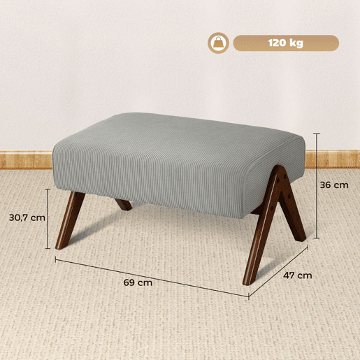 HOMCOM Apoio para Pés para Sala Banco Baixo Estofado em Veludo Otomana Retangular com Assento Almofadado e Pés de Madeira para Sala de Estar Quarto 69x47x36 cm Cinzento Claro