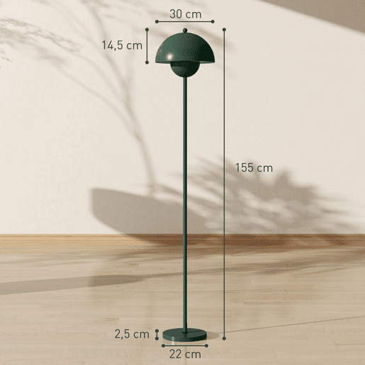 HOMCOM Candeeiro de Pé Moderno 155 cm Candeeiro de Pé para Sala com Ecrã em Forma de Taça Refletora de Luz Interruptor de Pé Suporte E27 sem Lâmpada para Quarto Escritório Sala de Estar Ø35x155 cm Verde