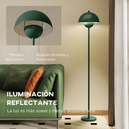 HOMCOM Candeeiro de Pé Moderno 155 cm Candeeiro de Pé para Sala com Ecrã em Forma de Taça Refletora de Luz Interruptor de Pé Suporte E27 sem Lâmpada para Quarto Escritório Sala de Estar Ø35x155 cm Verde