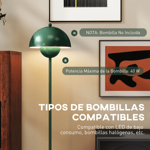 HOMCOM Candeeiro de Pé Moderno 155 cm Candeeiro de Pé para Sala com Ecrã em Forma de Taça Refletora de Luz Interruptor de Pé Suporte E27 sem Lâmpada para Quarto Escritório Sala de Estar Ø35x155 cm Verde