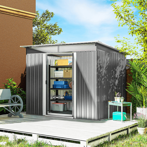 Outsunny Abrigo de Jardim 4,5 m² 260x194x200 cm Abrigo Exterior Metálico com Painéis Frontais Transparentes e 2 Portas Deslizantes para Armazenamento de Ferramentas Cinzento