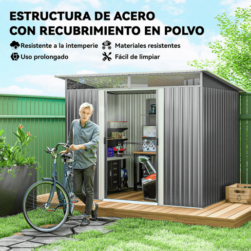 Outsunny Abrigo de Jardim 4,5 m² 260x194x200 cm Abrigo Exterior Metálico com Painéis Frontais Transparentes e 2 Portas Deslizantes para Armazenamento de Ferramentas Cinzento