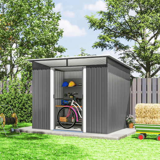 Outsunny Abrigo de Jardim 4,5 m² 260x194x200 cm Abrigo Exterior Metálico com Painéis Frontais Transparentes e 2 Portas Deslizantes para Armazenamento de Ferramentas Cinzento