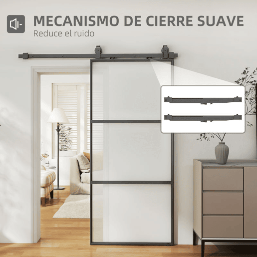 HOMCOM Porta de Correr com Acessórios Porta de Correr de Vidro com Mecanismo de Fecho Suave para Casa de Banho Sala de Estar Cozinha 91,4x203,2 cm Preto
